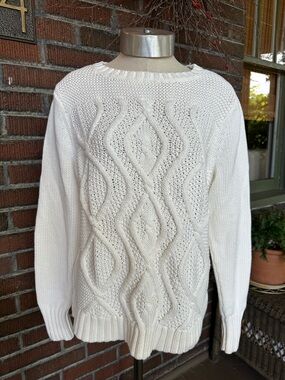 Lands' End Cream Drifter Cable-Knit Crewneck Cotton Fisherman sweater. Size Lg